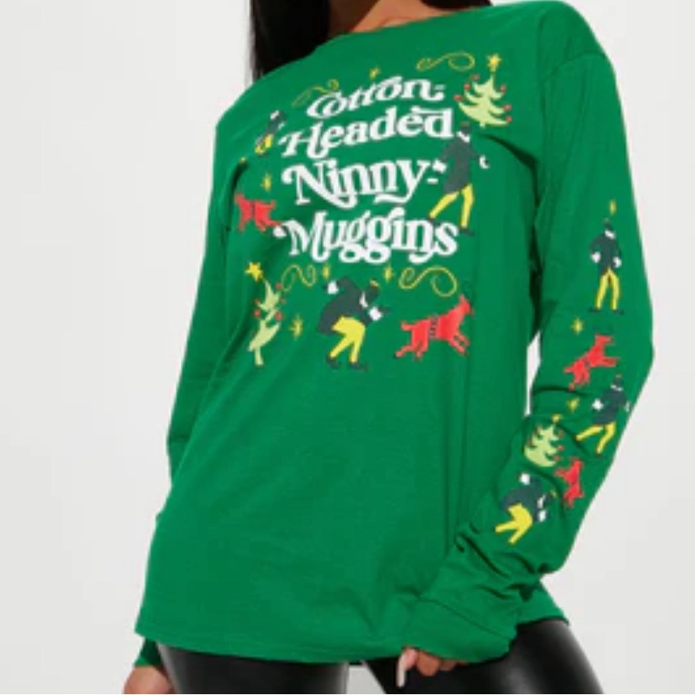 Elf graphic unisex long sleeve tee green Christmas t-shirt  holiday size MEDIUM